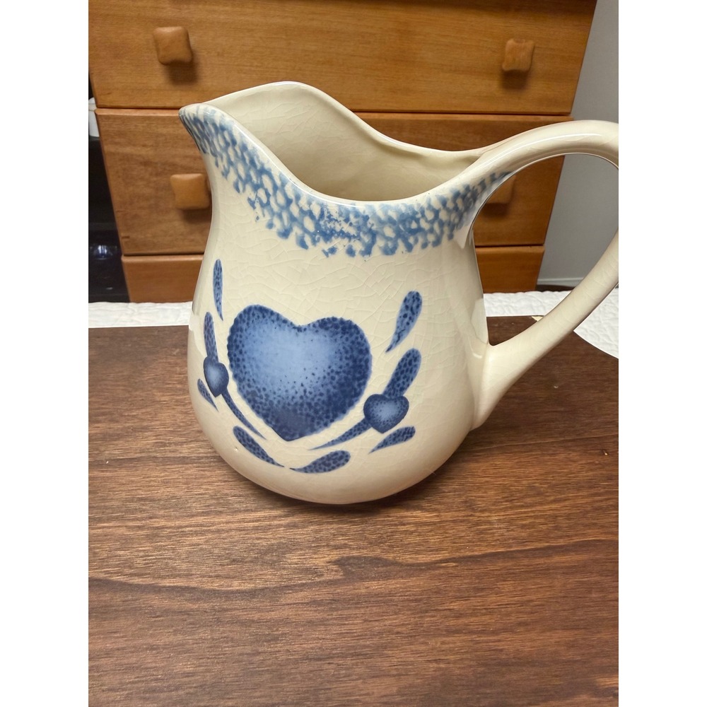 Vintage Blue Heart Sponge Painted Ceramic Pitcher Farmhouse Crackle Glaze 7in